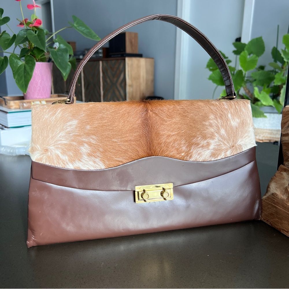 Gaitan Vinatge Brown Leather and Caw Hair-On-Hide Handbag with Gold Turn-Lock